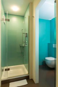 苏黎世普拉兹尔奇酒店的浴室设有玻璃淋浴间和卫生间