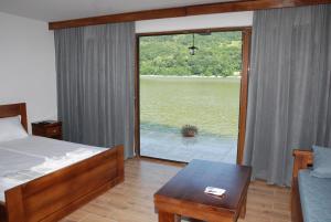 下米拉诺瓦茨Dunavska Vila Milosavljevic的一间卧室配有一张床,享有湖景
