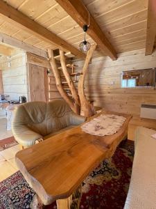 拉伊恰Domek Oźna płoscyna的客厅配有木桌和沙发