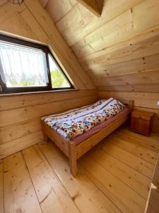 拉伊恰Domek Oźna płoscyna的配有窗户的小木屋内的一张床位