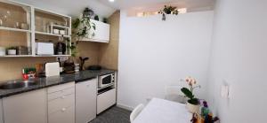克洛伊奥斯Quarto Duplo com Kitchenette, WC e Pátio privativo的小厨房配有白色橱柜和水槽