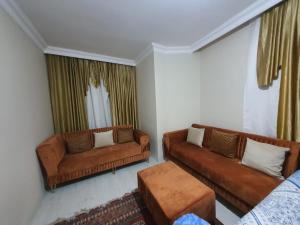 ArnavutköyLovely Specious 2 bedroom suite apartment Near IST Airport Shuttle option的客厅配有2张棕色沙发和1张桌子