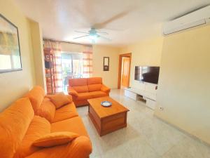 阿桂拉斯Vistas al mar con Aire Acondicionado y Parking - by Aloha Palma的客厅配有橙色沙发和电视