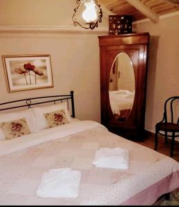 埃利尼科Sofias cottage的一间卧室配有一张带镜子和吊灯的床。