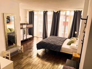 阿利坎特Mush Rooms Apartments的一间卧室配有一张床和一面大镜子