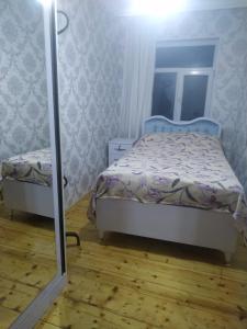 甘贾Friends Guest House的一间小卧室,配有一张床和镜子