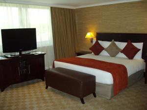 肯普顿帕克南太阳OR塔波国际机场酒店的酒店客房设有一张大床和一台电视。
