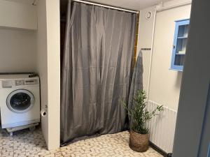Tølløse120 kvm lejlighed med have i kælderniveau的带淋浴帘的浴室内的洗衣机