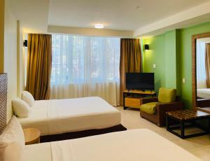 帕拉马里博杰卡纳亚马逊疗养度假酒店的酒店客房设有两张床和一台平面电视。