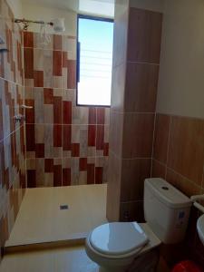 科帕卡巴纳Jhonyximena的一间带卫生间和淋浴及窗户的浴室