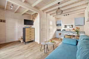 詹塔尔Natura Jantar - Całoroczne domy drewniane的一间带蓝色沙发的客厅和一间厨房