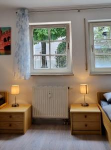 万根伊姆阿尔戈伊Ferienzimmer in der Altstadt的一间卧室配有两盏灯、一张床和两个窗户。