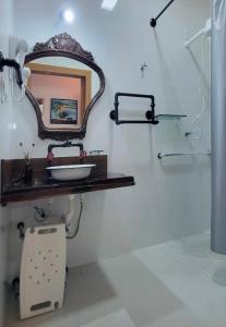 多明戈斯马丁斯Pousada Sítio das Pedras的浴室设有水槽和墙上的镜子