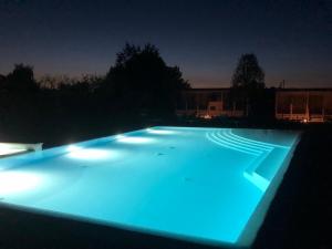 佩斯基耶拉德加达Agricamping Zanina 9的游泳池在晚上点亮,灯光蓝色