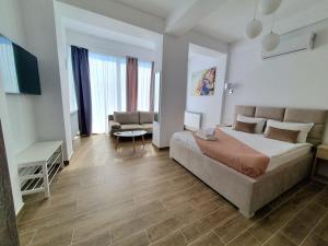 北马马亚-讷沃达里MIANELLY Apartments Mamaia Nord的一间卧室配有一张床、一张沙发和一张桌子