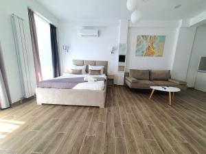 北马马亚-讷沃达里MIANELLY Apartments Mamaia Nord的一间卧室配有一张床和一张沙发