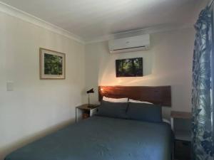 South Mission BeachMission Dreaming - 1 Bedroom Cottage的一间卧室配有一张带蓝色床罩的床