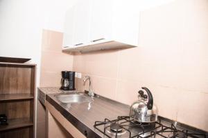 蒙波斯Apartamento Familiar Puerta Azul的厨房配有水槽和炉灶上的茶壶