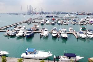 新加坡新加坡共和国游艇俱乐部酒店的停靠在港口的一群船