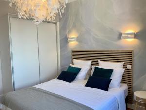 安锡Le 21 Favre, Hyper centre, 70 m², 2 chambres的一间卧室配有一张带蓝色枕头的大床