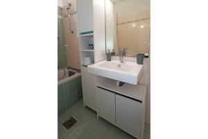 扎金索斯镇Bougainvillea apartment的浴室配有白色水槽和淋浴。