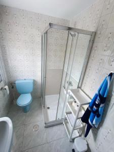 桑亨霍La Cruz del Sur的带淋浴和蓝色卫生间的浴室