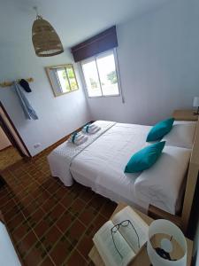桑亨霍La Cruz del Sur的一间卧室配有一张带蓝色枕头的大床