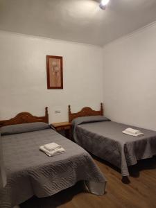 奥尔诺斯El Cruce Hornos的一间设有两张床的客房,墙上挂着一张照片