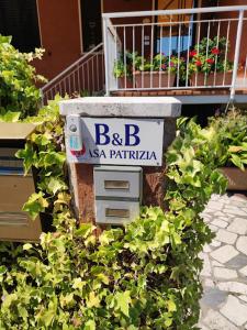 西尔米奥奈Casa Patrizia B&B cir in info的植物顶部有标志的石头盒子