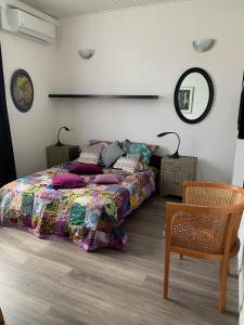 吕内尔Appartement dans maison d'artiste的一间卧室配有一张床、一把椅子和镜子