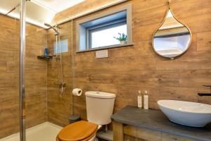 PoundstockFinest Retreats - Driftwood的一间带卫生间、水槽和镜子的浴室