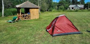 普伦盖A&G Sodyba camp ąžuolų pavėsyje的凉亭旁草上的一个红色帐篷