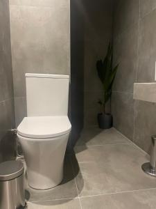 比雷埃夫斯Comfy 1Bdr apartment Netflix-WiFi的植物浴室内的白色厕所