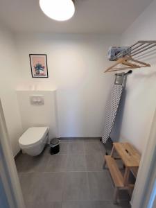 卡朗泰克Appartement vue mer的一间带卫生间和架子的小浴室