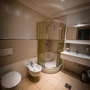 默主歌耶Hotel Laudato的带淋浴、卫生间和盥洗盆的浴室