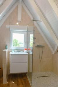拉特里尼泰Villa tartane的带淋浴和盥洗盆的浴室以及窗户。