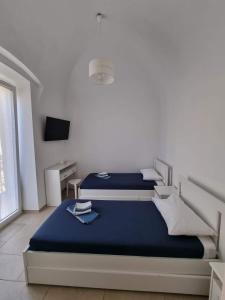 焦维纳佐Dimora San Michele的一间卧室配有两张带蓝色床单的床和电视。