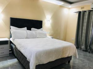 卢萨卡Batoka Apartments的卧室配有一张带白色床单和枕头的大床。