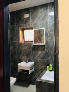 卢萨卡Batoka Apartments的一间带水槽和镜子的浴室