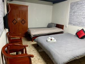 萨帕Green Sapa Homestay的一间带两张床和椅子的房间