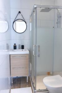 贝济耶Élégant Studio Climatisé 'Alma 2' - Cœur de Beziers - Wifi Fibre - Netflix的带淋浴、卫生间和盥洗盆的浴室