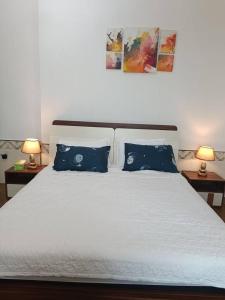 阿吉曼شقة كبيرة وفخمة large and luxury two bedroom的一间卧室配有白色的床和2个蓝色枕头
