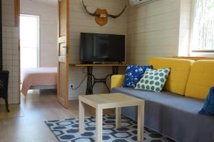 里加Holiday home near sea beach & pine forest的客厅设有黄色沙发和电视