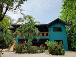 诺萨拉Villa Tortuga的带阳台的蓝色房屋,部分种植了植物