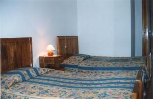 阿尔瓦伦加Vila Guiomar - Casa da Eira的一间卧室配有两张床和一张带台灯的桌子