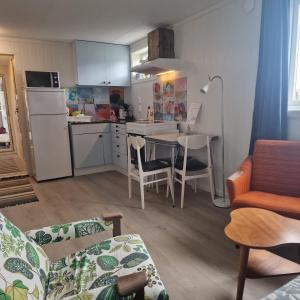 贝勒沃格Liten leilighet i Berlevåg的客厅设有厨房和桌椅