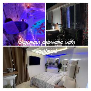 卡塔尼亚Lungomare panorama suite apartment的卧室和浴室照片的拼合