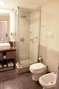 皮拉尔Casa Campus Pilar Suites的带淋浴、卫生间和盥洗盆的浴室