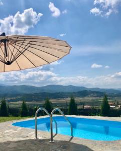 韦林格勒Villa Monte的游泳池边的遮阳伞,享有风景