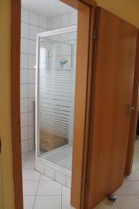 韦茨拉尔Gemütliches Apartment, nahe Wetzlar的浴室里通往淋浴的玻璃门